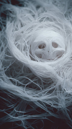 An artistic arrangement features a skull nestled among delicate swirling white fibers showing creativity and intricate craftsmanship.の素材