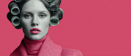 A model showcases a bold hairstyle with curlers wearing a stylish outfit against a bright pink backdrop in a striking pose.の素材