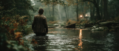 A man wades through a serene stream surrounded by lush greenery and trees creating a peaceful atmosphere in nature during twilight.の素材