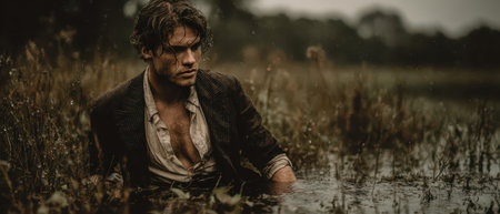 A man with tousled hair is wading through a flooded field during rainfall. His expression reflects contemplation amidst the natural setting.の素材