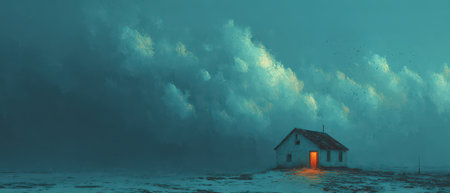 A small house stands alone amidst dark clouds with an inviting orange glow from the door illuminating the dark surroundings at twilight.の素材