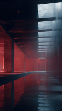 Dimly lit corridor striking features red and blue lights reflecting off smooth surfaces creating an atmospheric futuristic environment.の素材