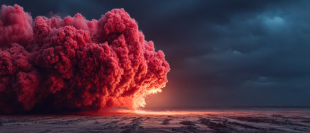 A vivid red smoke cloud billows into the sky contrasting against the dark cloudy atmosphere. The ground is uneven and barren.の素材