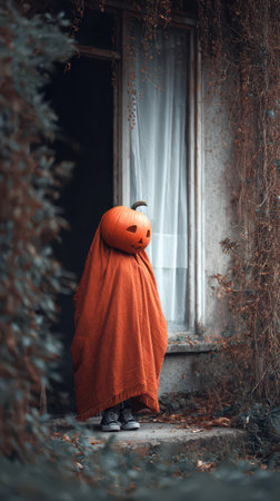 A child wrapped in an orange blanket stands silently near a window wearing a carved pumpkin for a head. The surroundings are autumnal.の素材