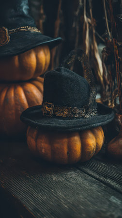 A black hat decoratively placed atop a rustic pumpkin surrounded by autumn elements capturing the essence of the fall season.の素材