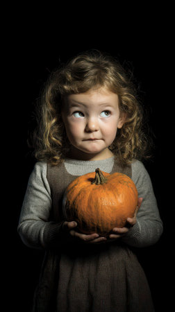 A young child with curly hair is holding a vibrant orange pumpkin while looking pensively surrounded by dark background.の素材