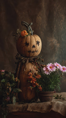 A cheerful pumpkin figure adorned with a flower crown stands beside vibrant blossoms in an autumn themed display set in warm lighting.の素材