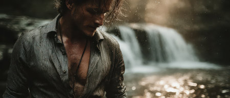 A man with wet hair poses close to a cascading waterfall surrounded by lush greenery in a serene forest setting during daylight.の素材