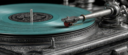 A detailed view of a vintage record player as it spins a teal vinyl disc showcasing intricate craftsmanship and nostalgia.の素材
