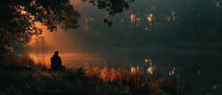 A person sits quietly alongside a peaceful lake during dawn enjoying the golden light filtering through the trees and reflections on the water.の素材