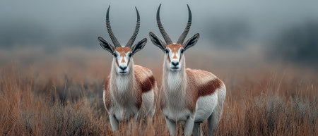 Two gazelles with prominent horns stand closely together in a misty grassland during early morning surrounded by fading vegetation.の素材