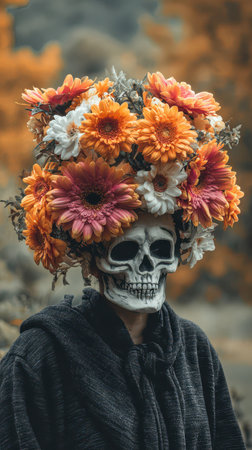 A person wears a skull headpiece adorned with vibrant flowers in an outdoor setting surrounded by autumn foliage.の素材