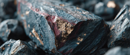 Close up view of striking mineral rock formations showcasing a blend of black gold and red hues against a bed of dark rocks in natural surroundings.の素材