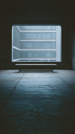 Sunlight streams through a large window illuminating a minimalist room with concrete flooring and a simple bench positioned quietly.の素材