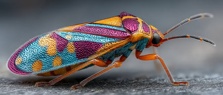 Vibrant insect with intricate patterns resting on a surface showing a blend of blue yellow purple and orange hues during daylight.の素材