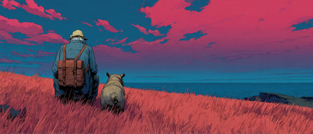 A man sits on a grassy hill with his dog watching a colorful sunset over the ocean while the sky transforms with vivid hues.の素材