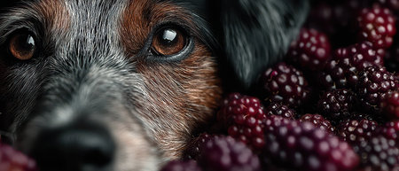 A dog is lying comfortably surrounded by ripe blackberries enjoying the warmth of the sun in a peaceful setting.の素材