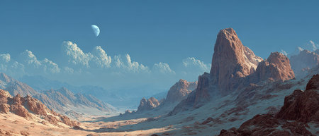 In a serene landscape towering mountains rise under a bright sky with fluffy clouds and a moon shining faintly in the background.の素材