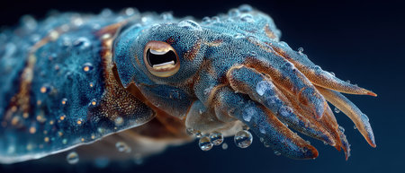A colorful cephalopod captured underwater showing its textured skin and droplets clinging to its body. The scene highlights marine beauty.の素材