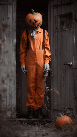 A figure wearing an orange jumpsuit and a pumpkin head stands in an old doorway creating an eerie atmosphere in a desolate location.の素材