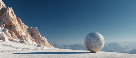 A massive spherical structure stands alone on a snowy mountain surrounded by rugged peaks and a clear blue sky showing stunning natural beauty.の素材