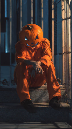 A figure wearing an orange outfit and pumpkin mask sits quietly on steps under dim light creating an eerie nighttime atmosphere.の素材