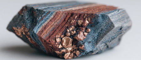 A close up view of a mineral specimen showing distinct colorful layers notable metallic luster and uneven surface textures under natural light.の素材