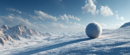 A large snowball sits quietly on a vast expanse of white snow surrounded by majestic mountain peaks under a clear blue sky.の素材