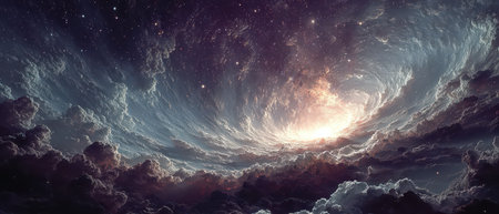 Bright lights break through dark swirling clouds in a spectacular cosmic display. Stars twinkle in the vast expansive backdrop of space.の素材