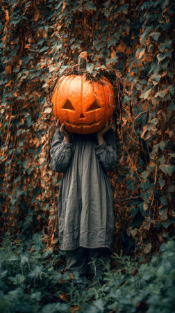 A child holds a carved pumpkin head while standing amidst lush green vines creating a whimsical autumn atmosphere in a forested area.の素材