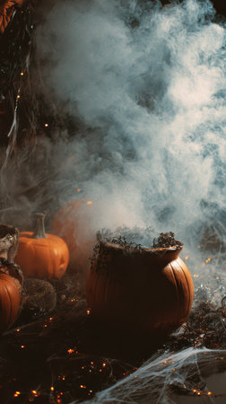Spooky setting features carved pumpkins surrounded by fog and spider webs creating an eerie Halloween ambiance perfect for celebrations.の素材