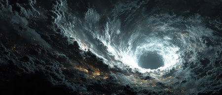 A dramatic vortex of clouds spirals downward glowing softly in the light of surrounding city lights during nighttime.の素材