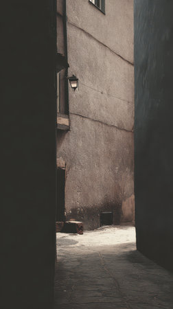 Sunlight filters through a narrow alleyway surrounded by weathered stone walls and a vintage lantern creating a tranquil urban atmosphere.の素材