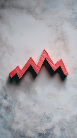 A bold red zigzag trend line rests on a smooth marble surface highlighting an upward movement in analysis or design concepts.の素材