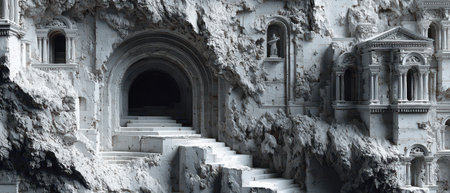 Intricate stone structures rise from rough uneven landscape under soft ambient light showing a blend of nature and artistry in surreal design.の素材