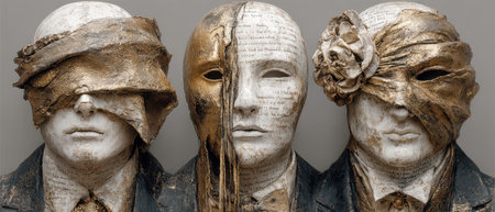 Three distinctive sculptures showcase altered facial features and masks representing themes of identity and transformation in contemporary art.の素材