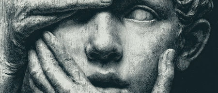 A detailed representation of a sculpture featuring a face partially obscured by hands emphasizing emotion and depth in artistic form.の素材