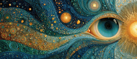 Colorful abstract artwork depicts a large eye amidst swirling patterns and luminous orbs creating a mesmerizing visual experience.の素材