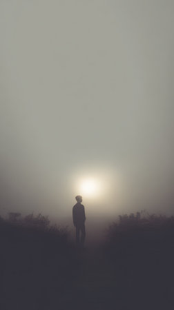 A solitary figure stands amidst a dense fog with a soft sunrise illuminating the surroundings creating a serene atmosphere.の素材