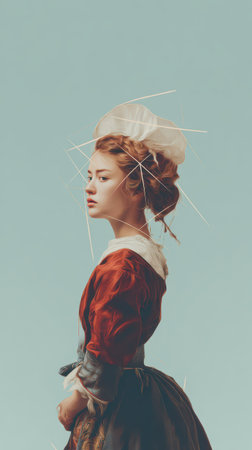 A young woman wearing a traditional dress poses gracefully with artistic headpiece elements against a simple blue backdrop.の素材