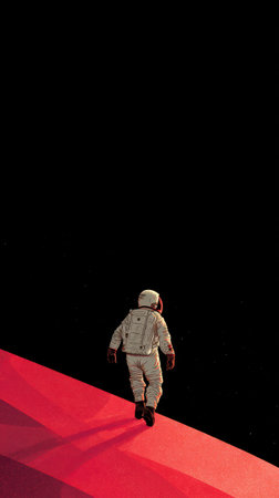 An astronaut walks on a red surface gazing into the vast blackness of space. The scene evokes a sense of exploration and discovery.の素材