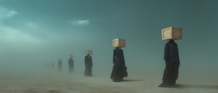Figures dressed in dark clothing walk silently through a foggy terrain each with a wooden box on their head creating an eerie atmosphere.の素材