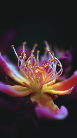 A stunning flower displays vibrant colors and intricate details showing its delicate petals and contrasting dark background in a natural setting.の素材