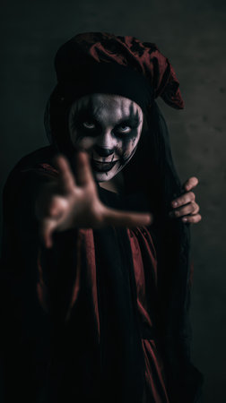 A sinister figure dressed as a jester extends an outstretched hand wearing haunting makeup in a shadowy environment.の素材