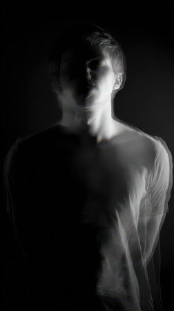 A figure appears in motion with blurred outlines creating a ghostly effect against a dark background. The atmosphere conveys mystery.の素材