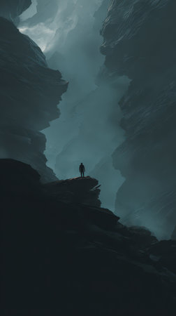 A lone figure stands on a rocky ledge in a dark canyon as mist swirls around towering cliffs during twilight hours creating an eerie atmosphere.の素材