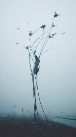 A tall sculpture resembling a human figure interacts with birds flying above in a misty atmosphere. The surroundings are ethereal and serene.の素材