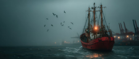 A red hulled ship navigates through foggy waters as seagulls circle above. Industrial structures loom in the background during twilight.の素材