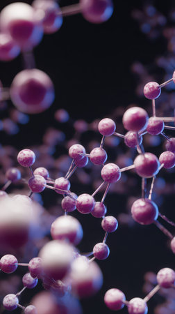 Vivid molecular structures display intricate connections and shapes on a dark background in this detailed scientific illustration.の素材