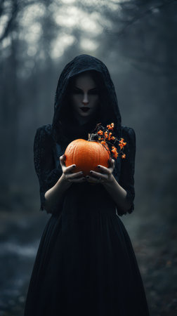 A person in a dark cloak stands in an eerie forest holding a vibrant pumpkin adorned with flowers evoking a sense of mystery.の素材